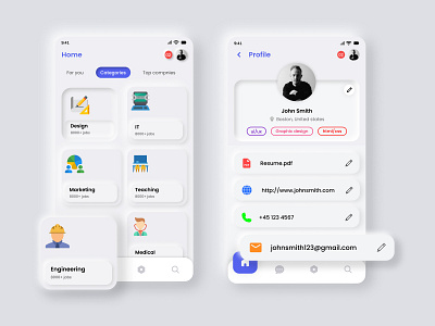 Neomorphism - Job Finder App design app design homepage job neomorphism profile page uiux