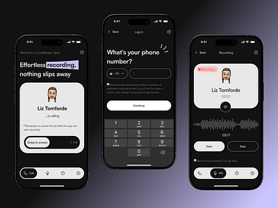 Call Recorder - app concept app appdesign callrecorder darkmode designinspiration figma flatui login minimalui mobile mobiledesign moderndesign signup ui uidesign uxdesign voicerecorder