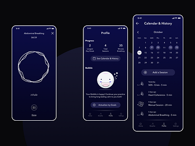 Breathing Techniques & Wellness App (Bubble) dark ui gamification ios app mobile design tracking app wellness