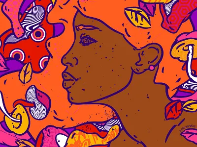 The mellow autumn mood autumn illustration bizarre art bohemian art color palette colorful digital illustration female face female portrait forest illustration imaginary world lowbrow art mushrooms mystery pattern pop art pop surrealism rainbow season of change woman drawing
