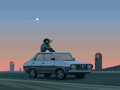 Dacia 1300 1300 80s 8bit car character dacia darius anton dusk illustration loner moody moon night pixelart retro roadtrip sky sunset vintage