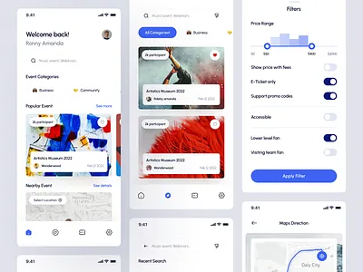 Tickme - Event Ticket App UI Kit app ar concert design dribbble event event app event orgranizer events filter map minimalist mobile app project search ui ui kit uiux virtual map webinar