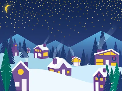 Winter Scene blue christmas christmas card cozy green holiday card holidays illustration illustration art illustration design nighttime pine trees purple snow vector vector design village winter winter scene yellow