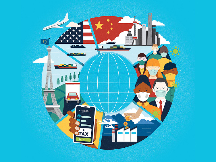 Ilustración sobre la economía global y el funcionamiento del sistema económico mundial
