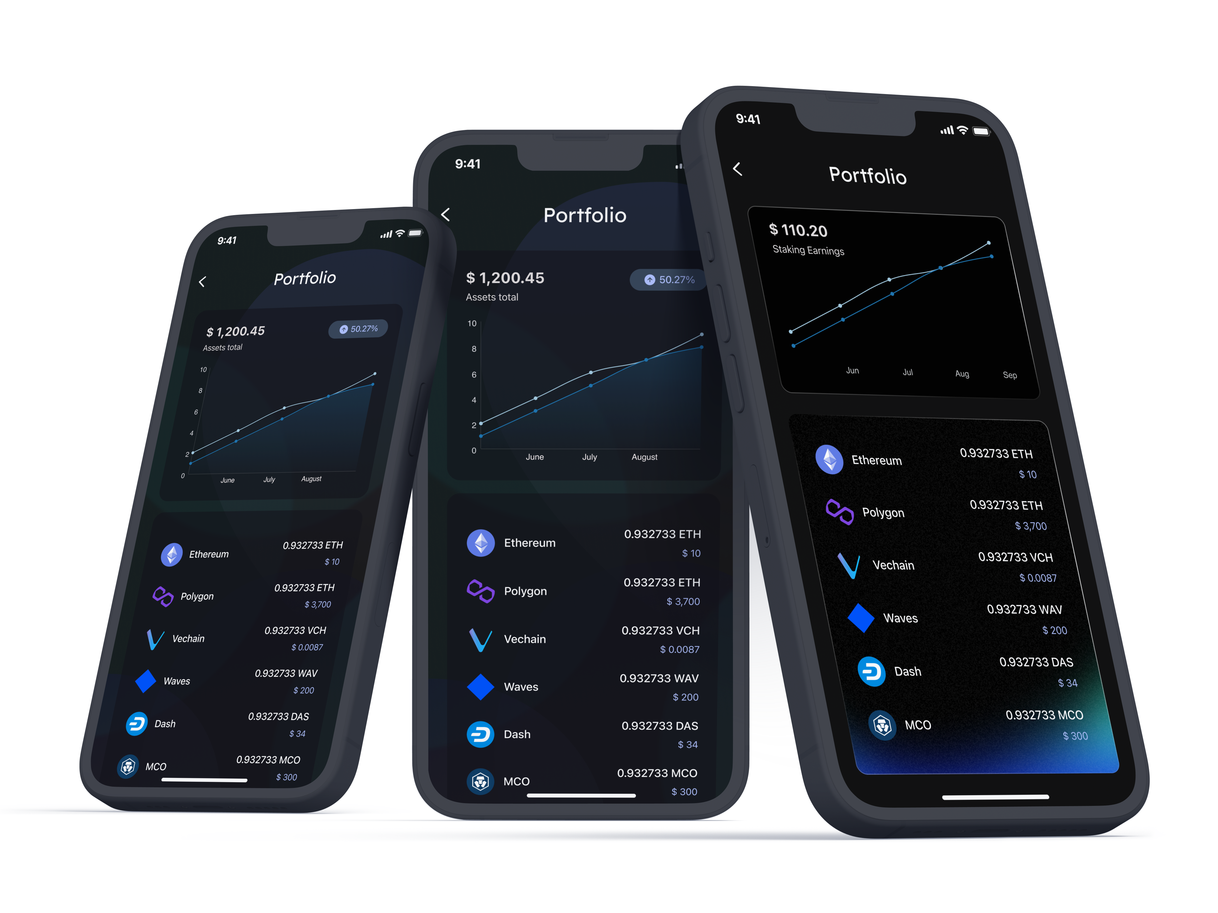 Portfolio exploration #3 blue charts crypto crypto assets crypto wallet crypto.com dark dark theme design ethereum gradients graphs investments mock up portfolio trends ui wallet
