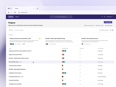 Project List - Dense Table Layout dialog figma filters global search hover hovers list minimal projects purple saas table table actions tiles top nav ui web