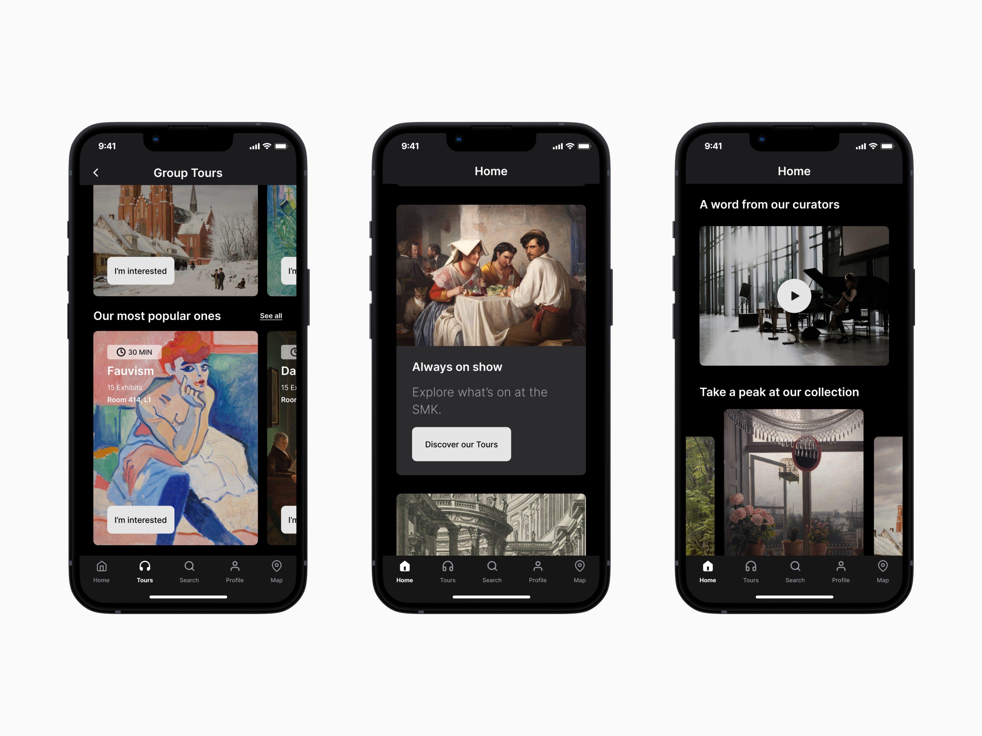 Museum app art cards dark dark theme darkmode denmark design fauvism minimalism museum paintings smk tours ui ux yours