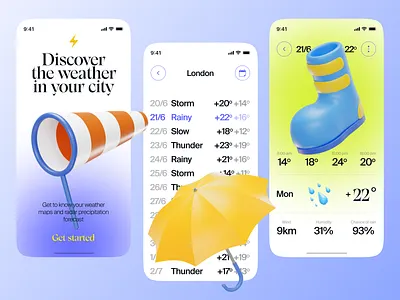 Weather app concept 3d app clean cloud concept forecast icon mobile night onboarding rainy sun sunset temperature ui umbrella ux weather