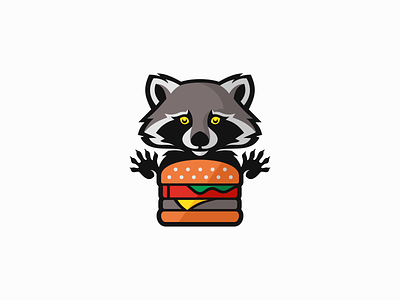 Raccoon And Cheeseburger Logo for Sale animal branding burger cartoon character design emblem fast food fun hamburger hungry illustration logo mark mascot playful raccoon restaurant thief vector