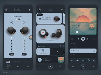 Earbuds - Mobile App anc android app app design application dark design earbuds figma headphones interaction ios layout mobile monochrome music player ui ui design user interface