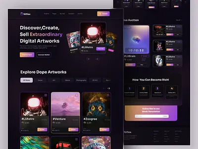 NFT Marketplace Website bitcoin blockchain crypto cryptoart cryptocurrency dark defi futuristic illustration landing page nft creator nft design nft market nft selling nft web platform solana web design web3.0 webflow