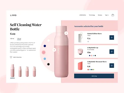 LARQ Product page concept accesories bottle brand colors configurator dailyui designer e commerce ecommerce larq minimal minimalism online shop pink product product page ui uidesign uv webdesign