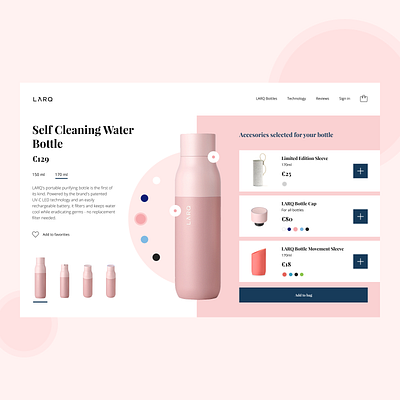 LARQ Product page concept accesories bottle brand colors configurator dailyui designer e commerce ecommerce larq minimal minimalism online shop pink product product page ui uidesign uv webdesign