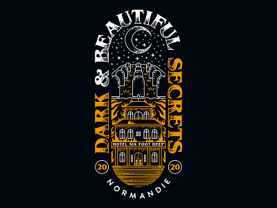 HOTEL SIX FOOT DEEP crescent moon death evil fire flames graveyard hell hotel merch design merchandise metal orange and white rock stars sweden swedish t shirt design