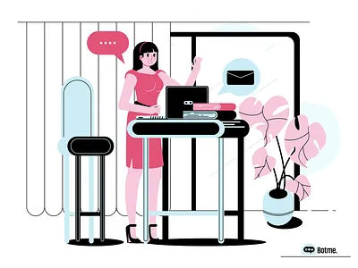 Welcome! book chair desk girl laptop message pink plant reception table woman