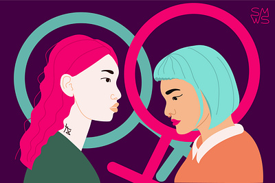 Two modern girls with a Venus mirror on the background. character characters design flat human illustration lgbt lgbtq people vector woman