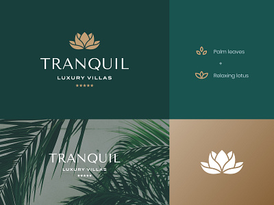 Tranquil Logos3 brand identity calm chill hotel logo lotus luxurious luxury luxury brand luxury identity luxury logo luxury villas palm palm leaves relax resort logo tranquil vacation villa visual identity