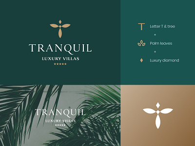 Tranquil Logos 2 brand identity calm chill hotel logo lotus luxurious luxury luxury brand luxury identity luxury logo luxury villas palm palm leaves relax resort logo tranquil vacation villa visual identity