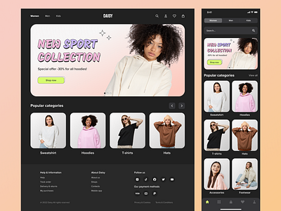 Fashion Store E-commerce Website adaptive branding dark theme design e commerce website ecommerce graphic design hoodie layout sport collection typography ui vector web design women clothes