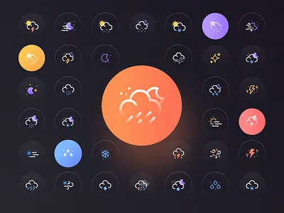 Weatherly Icons cloud design flat icon icon set icons icons set identity illustration illustrator minimal moon rain snow star sun ui vector water wind