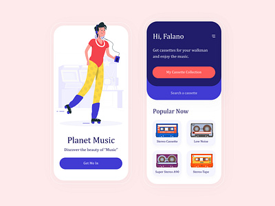 walkman cassette app design bright colors mobile ui