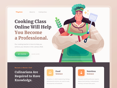 🌿 Thymes - Cooking Class Online Website character class clean cook cooking flat illustration food girl illustration gradient green header header illustration homepage illustration landing page online ui ui design web design