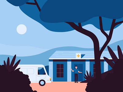 Medical Help - MyAirShield ambulance building character design flat help hill hospital illustration influenza man medical medicine mountain rural sun tree truck vector