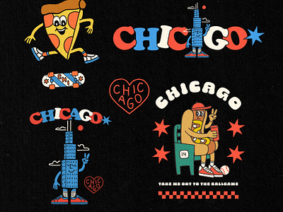 Chicago Mascot's for The Willis Tower Merchandise character chicago city hat hot dog lettering mascot merch pizza t shirt tote bag