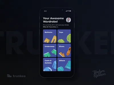 Trunkee collects all of your clothes 3d assistant blue cards ui clothes dark ui ecommerce illustration ios mobile app mobile ui startup trunkee wardrobe