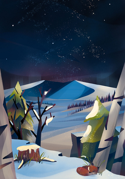 Winter Fox animal illustration fox fox illustration holiday landscape night snow snow illustration snow scene winter winter night