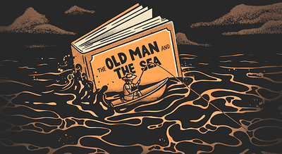 The Old Man And The Sea art background banner book book cover dark design digital art fishing halftone illustration man procreate sea texture the old man and the sea water