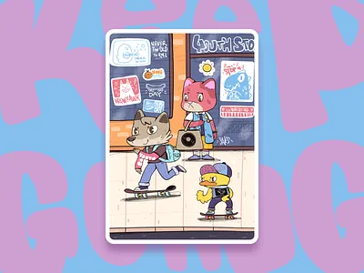 Go Skateboarding Day 2d animal cat character cute dog duck fun illustration kidlitart record record shop skate skateboard street