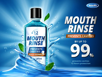 Mouth rinse ads, refreshing mouthwash product with splashing aqu ads ads banner ads design design designer illustration instagram banner social media design typography ui vector