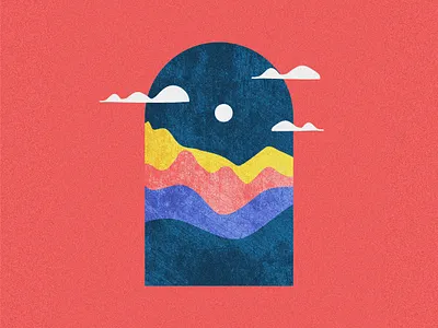 Mountains clouds cloudy desert full moon grain grainy graphic design illustration illustration art minimalism moon mountain mountains red and blue shapes simple simplicity texture texturing