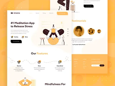 Meditation/Mindfulness Platform Landing Page 3 2d business character exercise flat health healthy icon illustration meditation mindfulness orange relax startup ui ux web design website yellow yoga