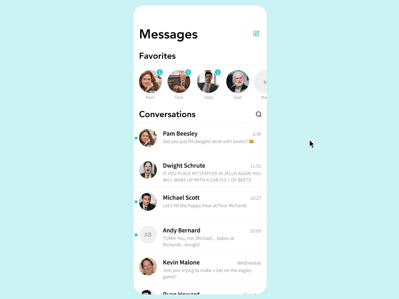 Daily UI #013 | Direct Messaging animation clean dailyui dailyui013 figma messages messaging app mobile app mobile ui prototype prototype animation the office uidailychallenge