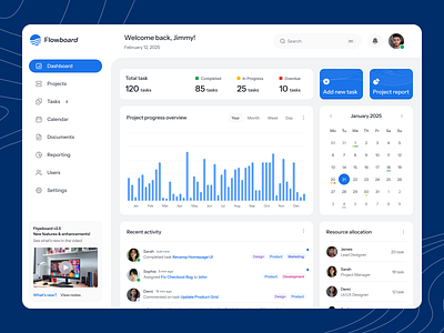 Flowboard - Dashboard Exploration agency bar calendar chart crm dashboard design desktop erp flowboard line management project task ui ux