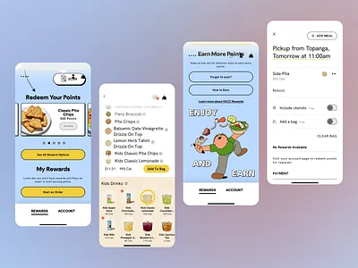 Eat 2 Earn: Food Delivery & Rewards app app design apple juice bluberry blue background chips delivery enjoy earn food app food theme kids drinks kids milk lemonade ordering pineapple playful design rewards ui user experience user interface uxui