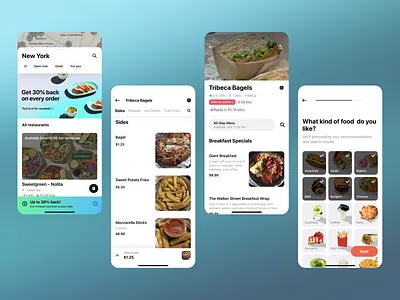 Mobile Food Ordering App app app design bagels bakery coffee desserts fast food food delivery food theme giant breakfast interface design menu mobile ui mozarella sticks potato fries restaurant discovery ui ux uxui white mode