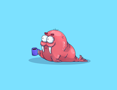 Walrus drinks coffee animal animal art animals art character coffee drinks emotions graphic illustration morning nature ocean procreate sea seal sleep vigorous