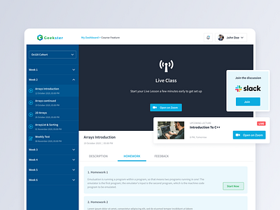 Geekster Live Video Class coding dashboard ui design e learning ui ux video wireframe