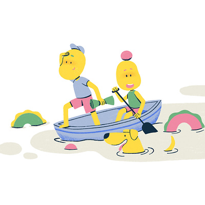 Adventure awaits us adventure canoe canoeing cartoon comic character colorful creative digital illustration dog dog illustration flat flat illustration friends illustration jillipp lake procreate team teamwork website illustration