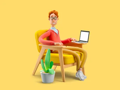 Nerd Larry 3d 3d art 3d artist 3dsmax armchair art cartoon character characterdesign creative design geek home illustration laptop larry nerd plant render