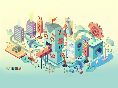 Efficiency and Performance city illustration diorama droid efficient illustration isometric art isometric illustration isometry robot urban