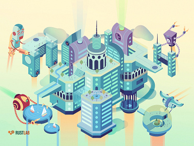 Community building city community droids flying city future illustration illustrator isometric art isometric design robot scifi technology utopia