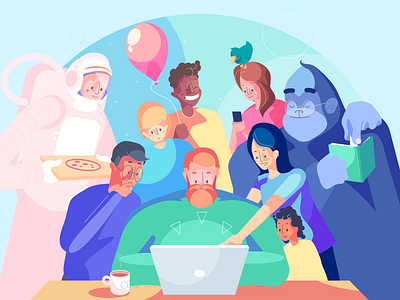 Teamwork - Illustration Kit art direction astronaut character design illustration kit monkey pizza playful saas working