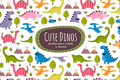 Cute Dinos: pattern & labels set