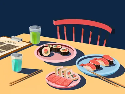 Cafe art artwork asian food cafe chair drink illustration illustration art lounge matcha menu menu card restaurant shrimp sushi