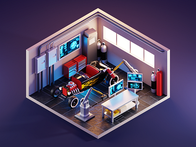 Iron Man's Garage 3d blender car diorama garage hot rod illustration iron man isometric lowpoly render room stark