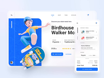 Deckshop Responsive App 3d animation animations app application clean color dashboard design motion motion design motion graphic responsive shop shopping cart skate skateboard skateboards store website